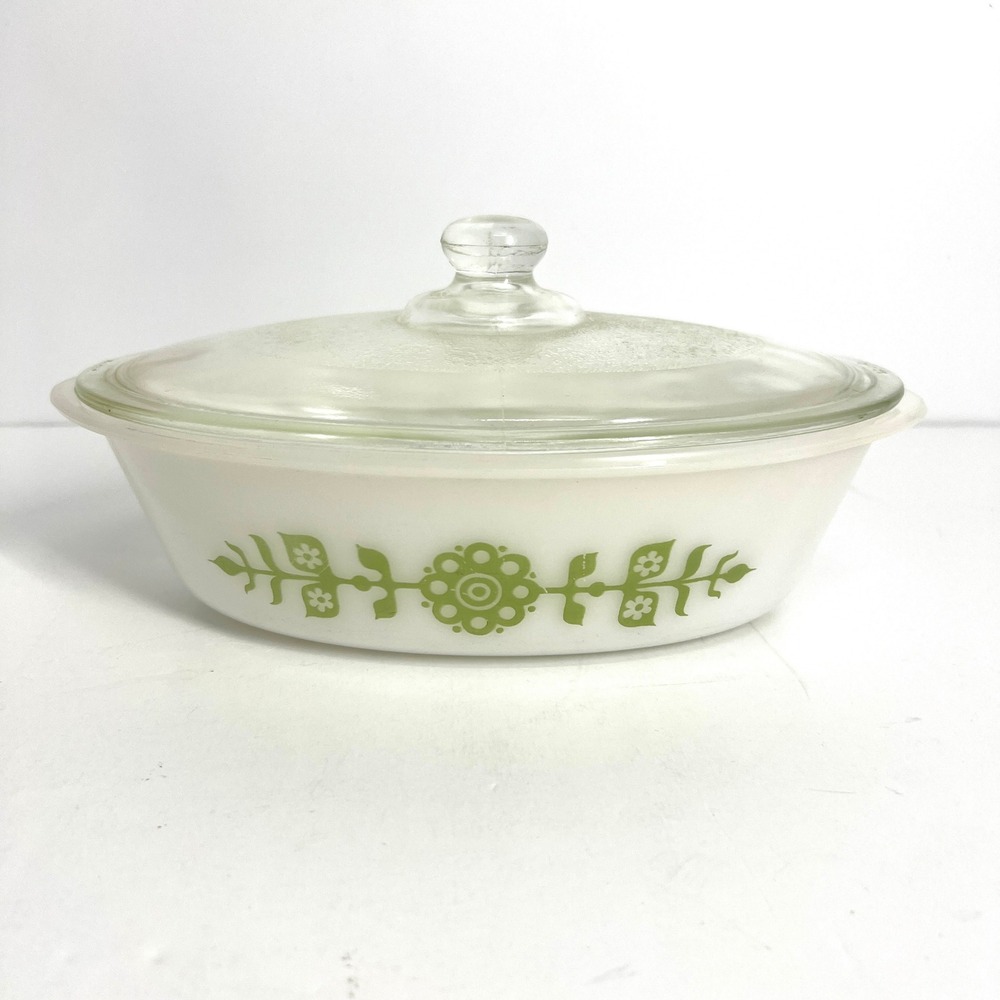 RARE Vtg Pyrex Spring Blossom Green Crazy Daisy Oval Casserole Dish Lid J-225 9